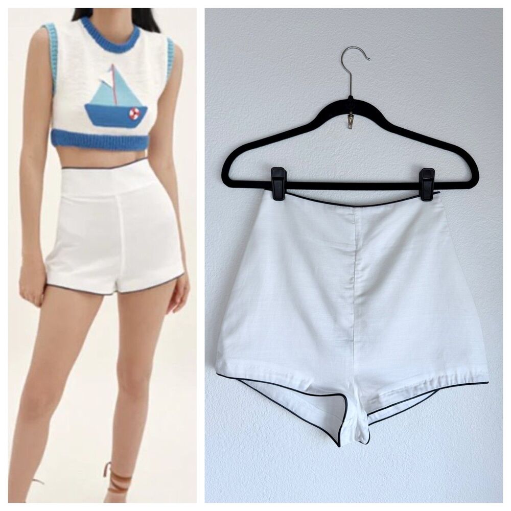 NWT My Beachy Side x Emily in Paris L'eau High Waisted White & Navy Piped Shorts